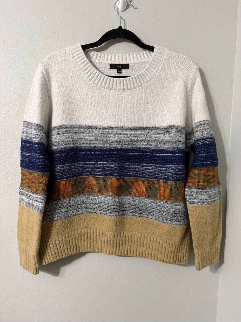 FATE Neutral Multi-Color Striped Crewneck Cozy Sweater L